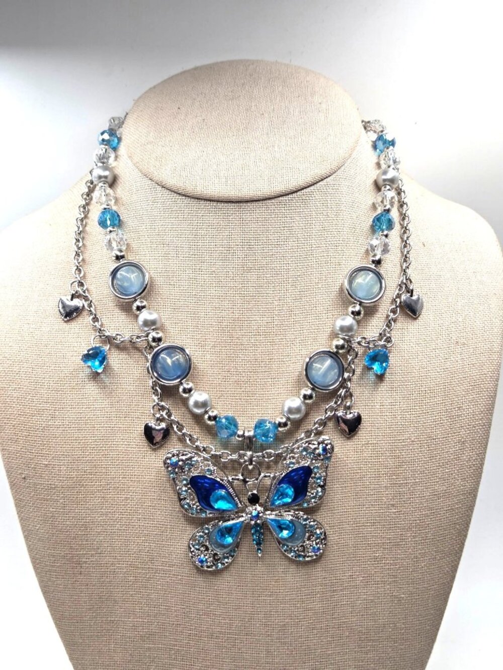 Butterfly Pendant Necklace With Blue Crystals Moonstone Accents